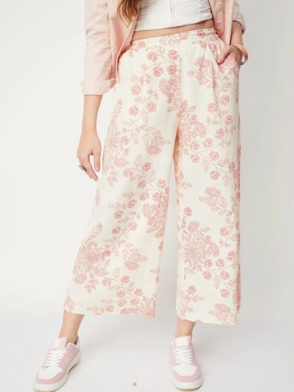 Max Linen Blend Wide Leg Straight Fit Floral Print Palazzos Casual Pants XL